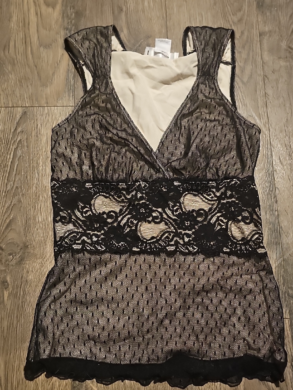 White House Black Market Sheer Lace-Trim Camisole Tank Top Black Cream Xsmall